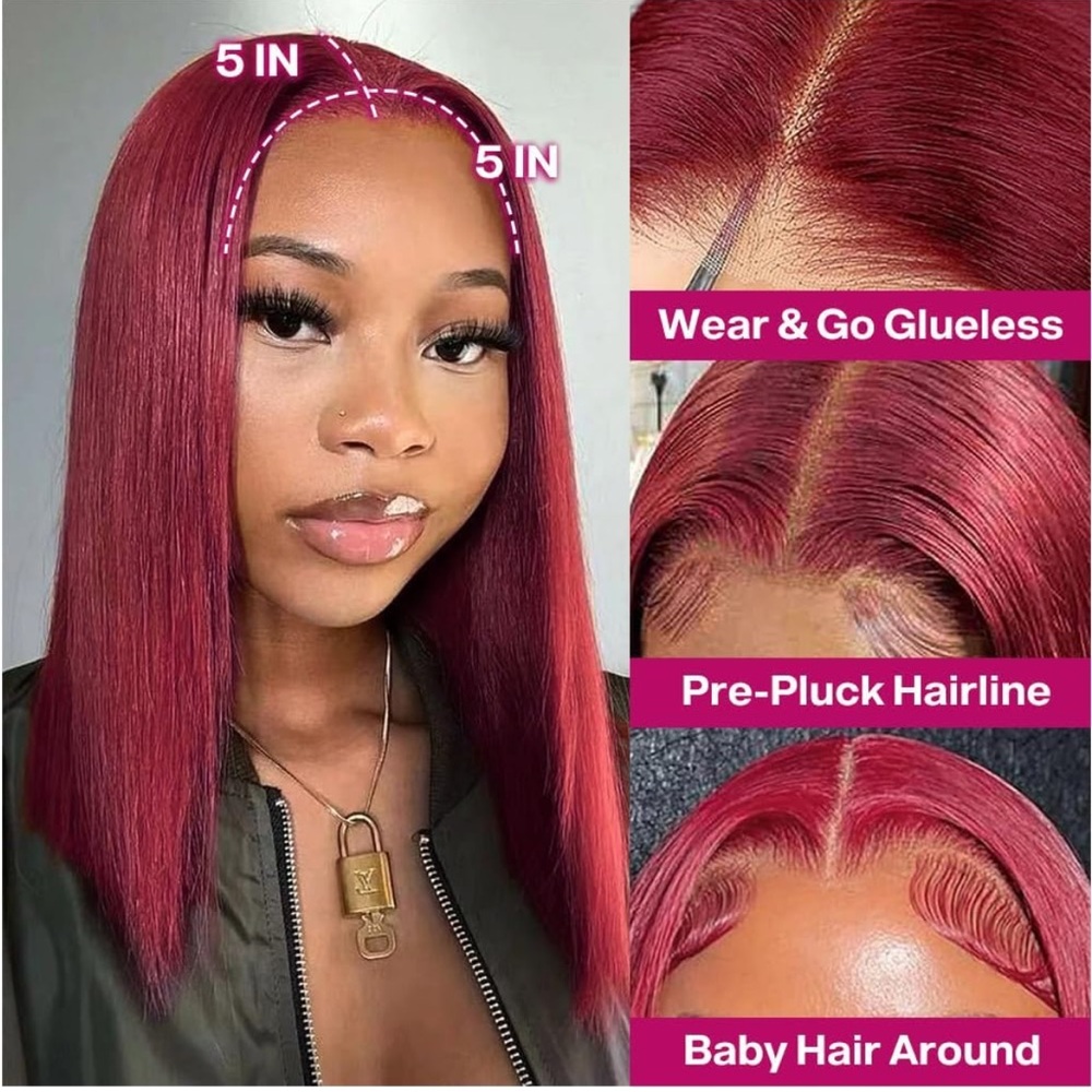 99j Burgundy Bob Wig Human Hair Glueless 150 Density 5x5 Hd Lace Closure Wigs
